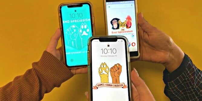 three phones depicting teachkind's new anti-speciesism wallpaper backgrounds