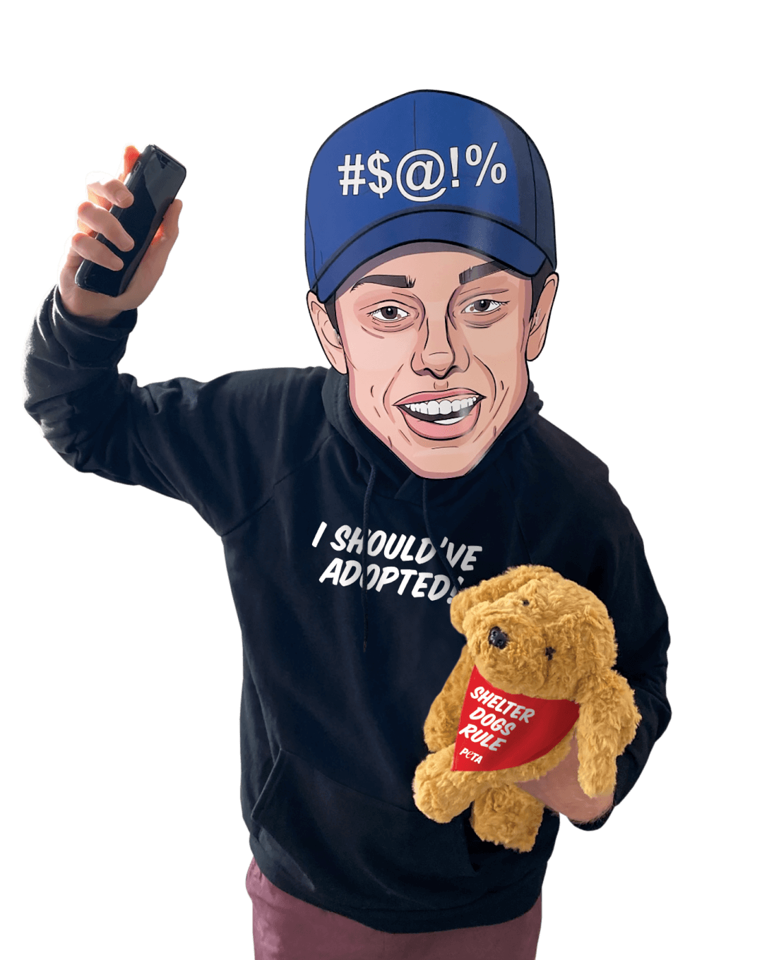 Halloween costume mockup of Pete Davidson holding a dog and cursing PETA for calling him out about buying a dog, as one of PETA's latest animal rights costumes