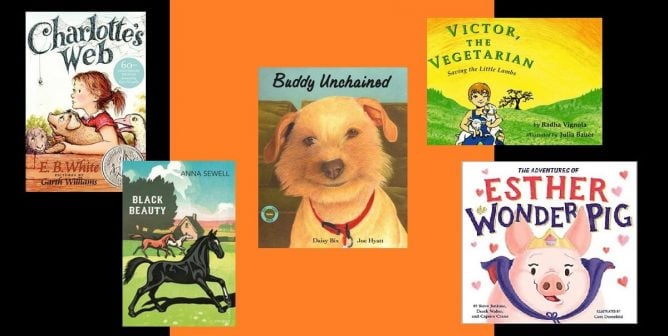 collage of animal-friendly books for the classroom on halloween