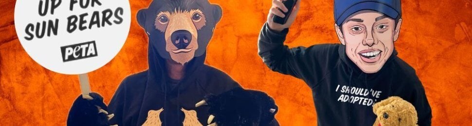 standing sun bear costume next to Pete Davidson costume in front of orange background, to show PETA's latest animal rights costumes for Halloween