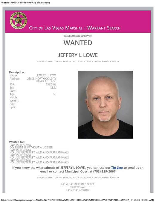 Las Vegas Wanted poster for roadside zoo owner Jeff Lowe