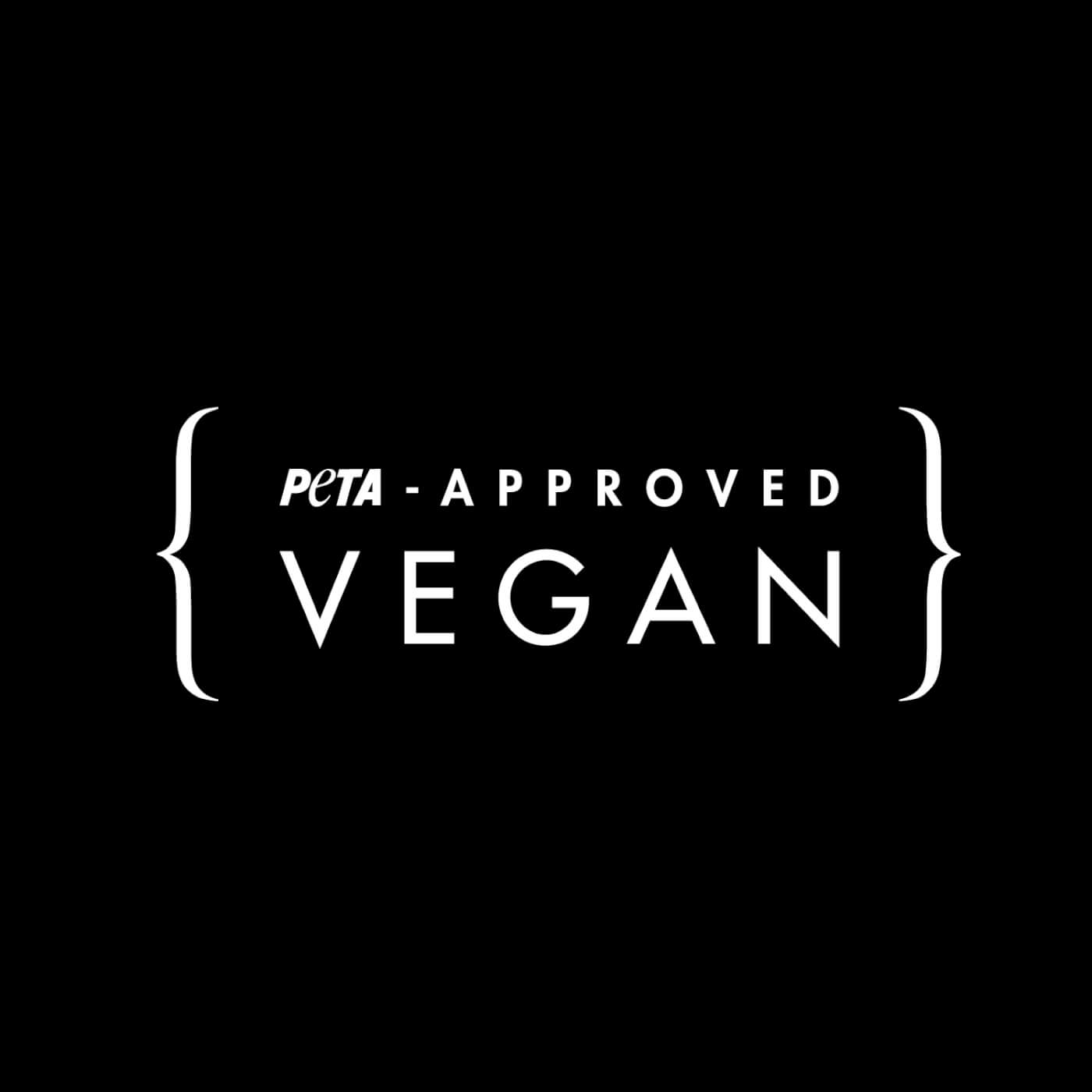 a PETA-approved VEGAN label with white text over a black background