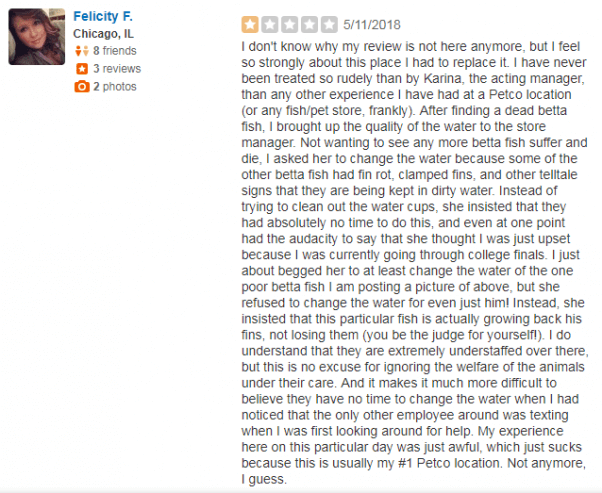 Person Reviews Petco After Seeing Dead Fish
