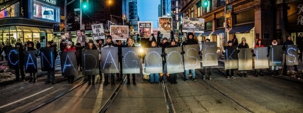 University of Waterloo students staging a protest outside Canada Goose’s Toronto store.