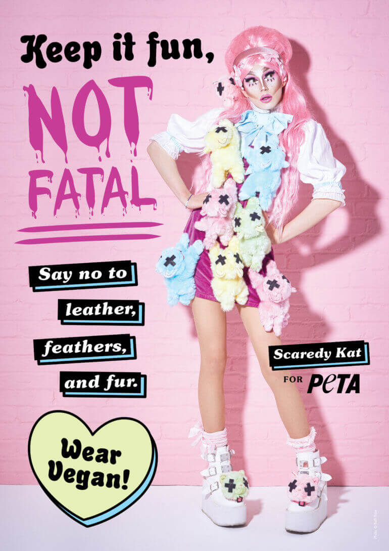 drag queen Scaredy Kat appears in PETA UK campaign about wearing vegan clothes