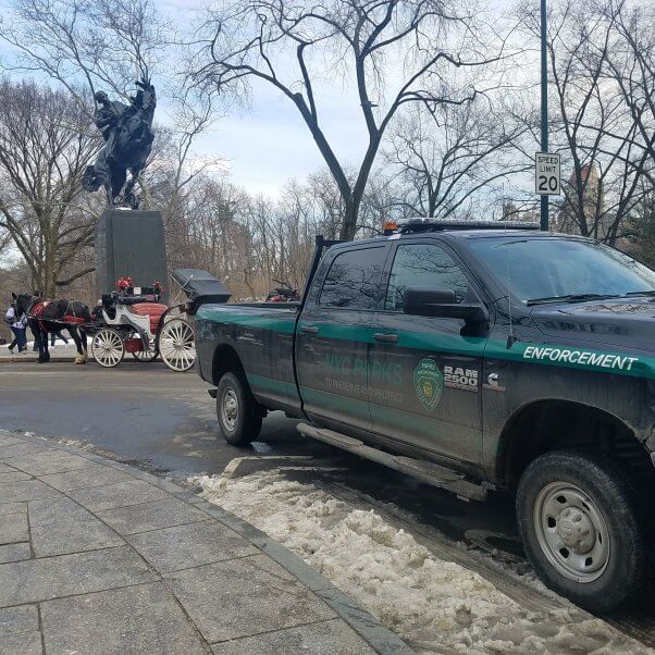 an NYC parks department truck ensures new horse-drawn carriage line rules are followed