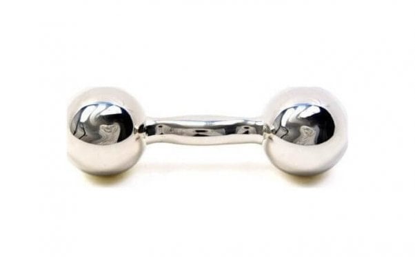 silver chiming barbell rattle for babies