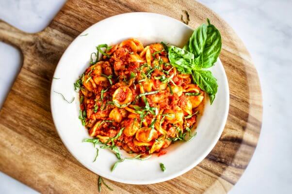 Vegan orecchiette pasta with beyond meat sauce from Amici's pizzeria