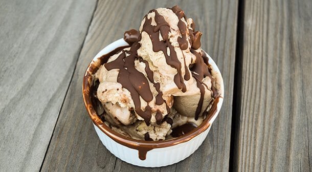 Vegan ice cream with chocolate sauce