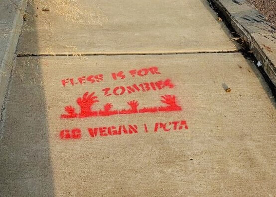 peta ads, sidewalk, stencils, zombies, flesh is for zombies, go vegan