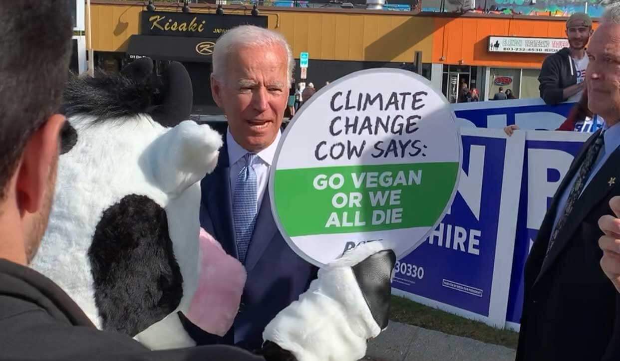 president joe biden and peta climate change cow mascot