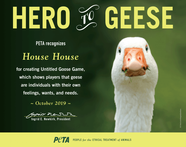 Hero to Geese PETA award presented to House House for Untitled Goose Game