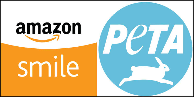 The black and orange Amazon Smile logo sits to the left of the blue PETA logo.