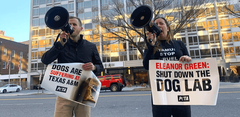 Two protesters speak with megaphones for dogs in labs, protesting animal testing