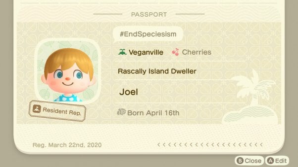 Vegan in animal crossing new horizons videogame