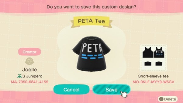 PETA shirt in animal crossing