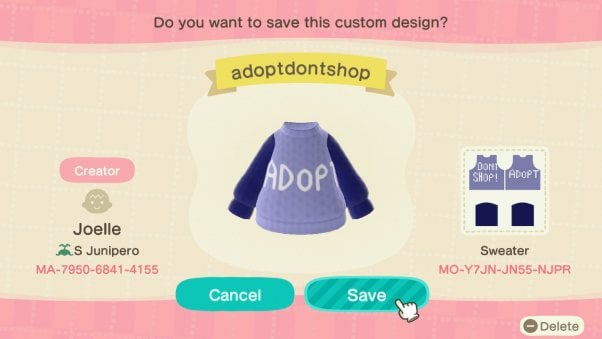 adopt don't shop sweater in animal crossing