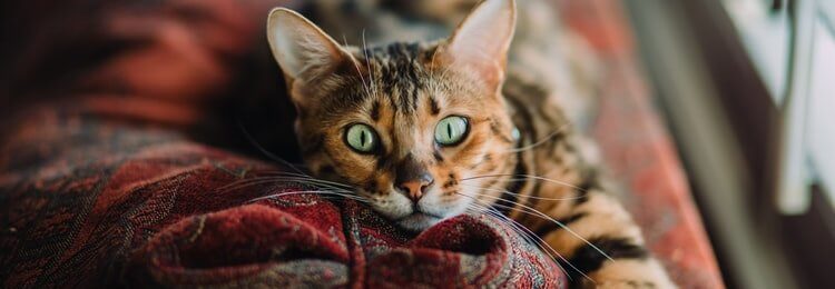 Striped cat sits on a red couch