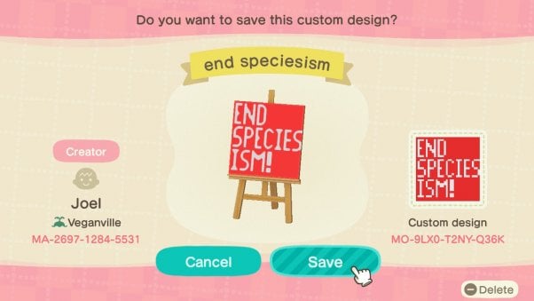 End speciesism sign in animal crossing