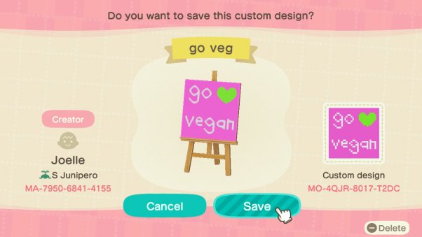 Custom vegan design in animal crossing