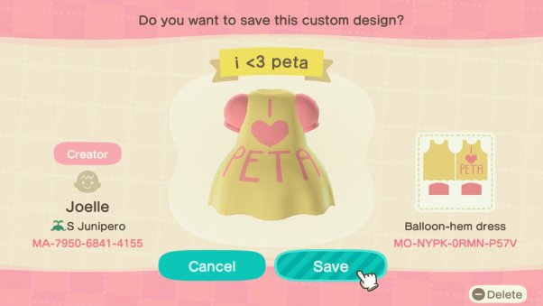 I love peta dress in animal crossing game