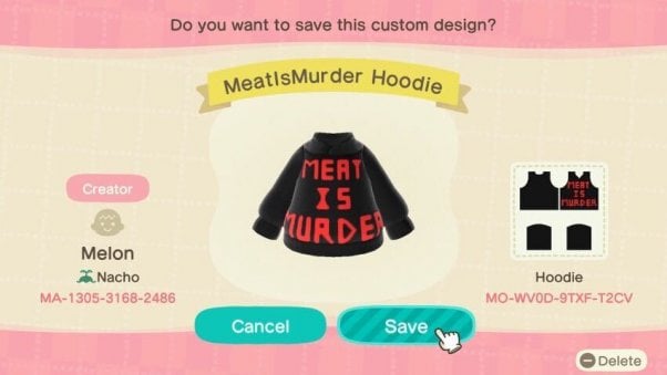 meat is murder sweater in animal crossing