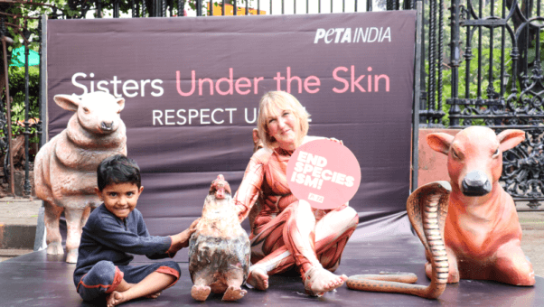 Ingrid Newkirk demonstrating against speciesism in Mumbai