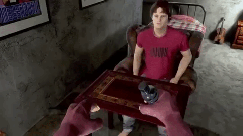 humanoid pig giving a human a drink in human farm video game