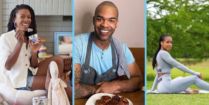 (From left to right) woman eating oatmeal, man posing in apron with vegan buffalo wings, woman posing on Yoga matt in the grass