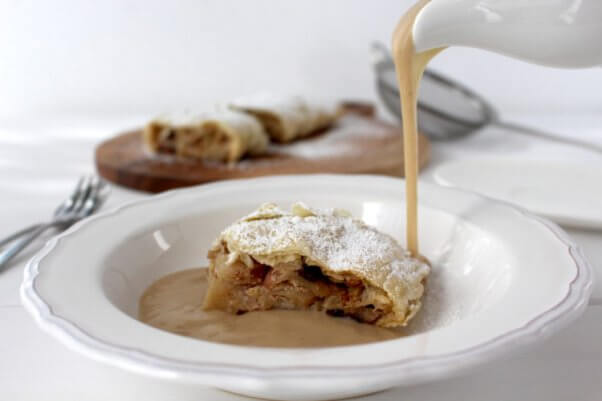 vegan apple strudel with vanilla sauce