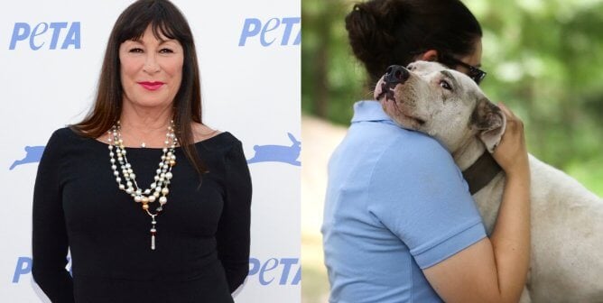 Anjelica Huston and woman hugging white dog