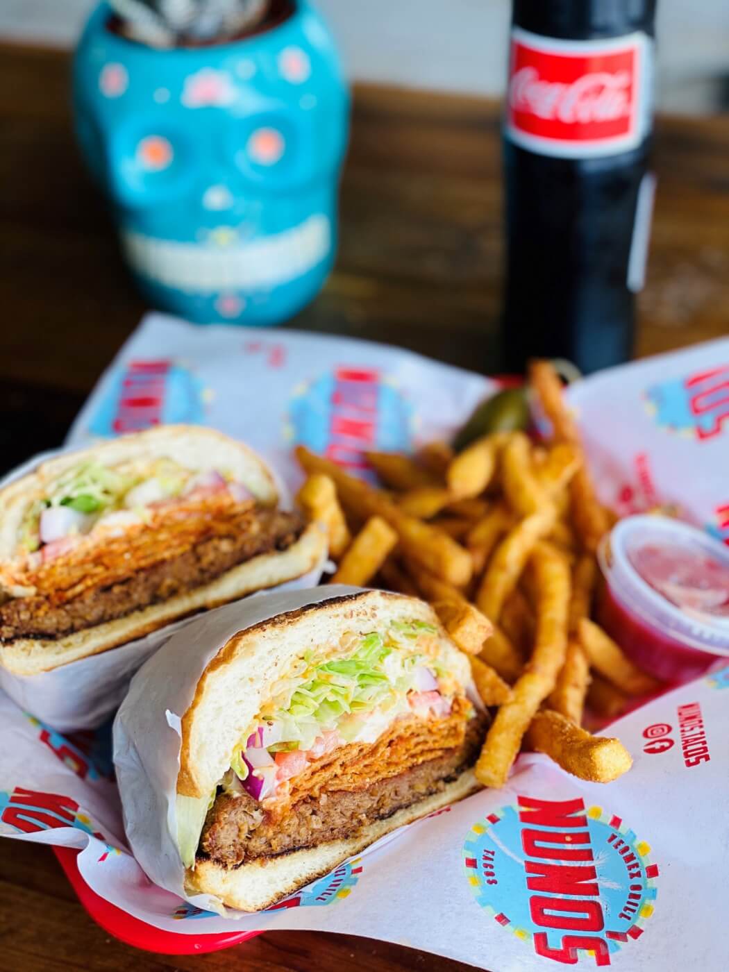 Burger with french fries in a basket