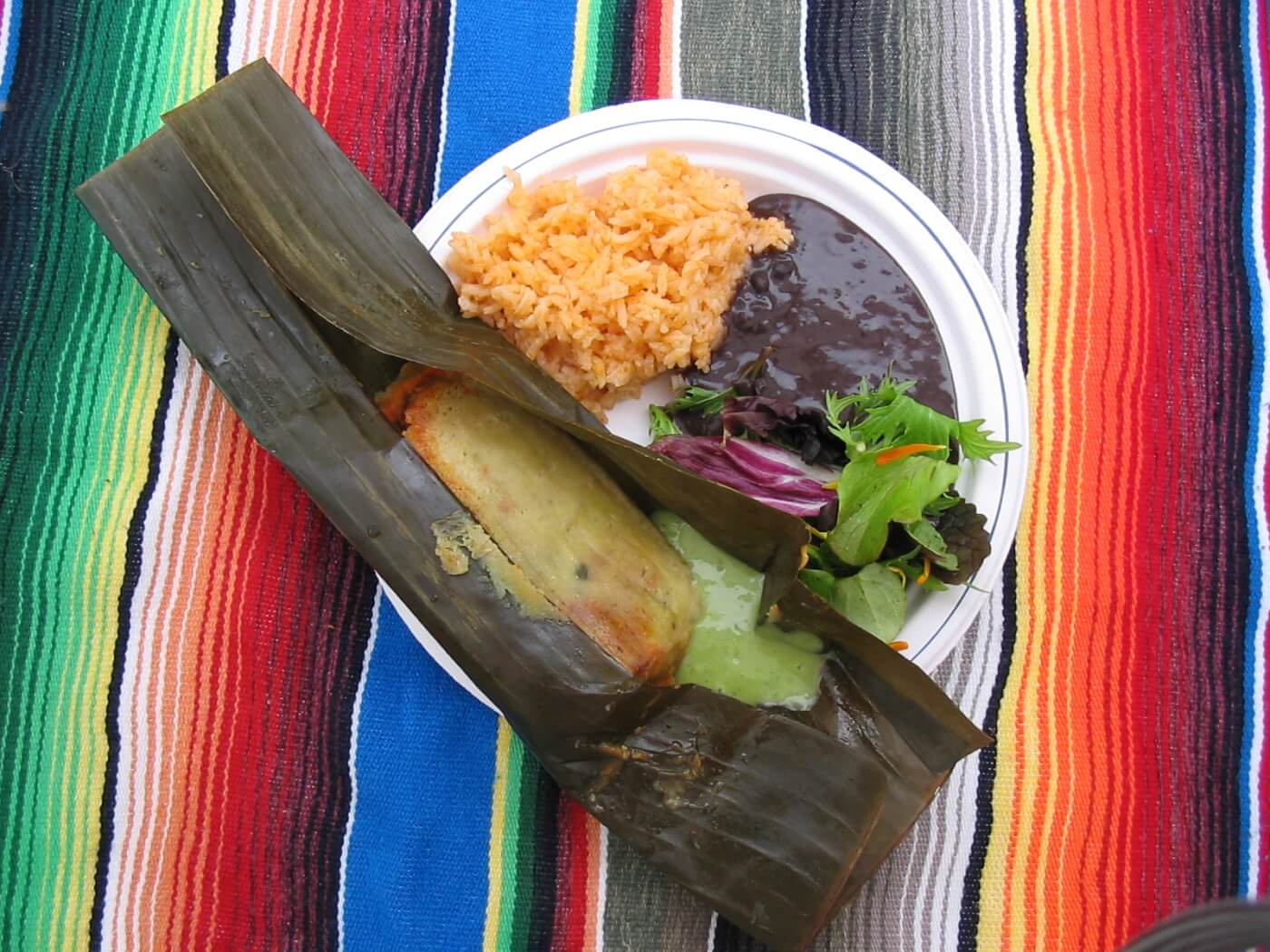 banana leaf tamale with black beans and rice on a plate, sitting on a colorful blanket