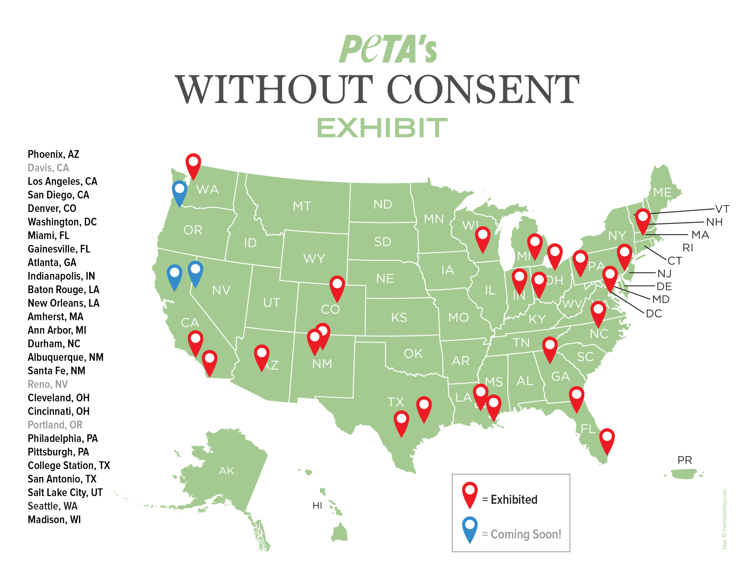 A map of the United States marking which cities Without Consent has traveled to