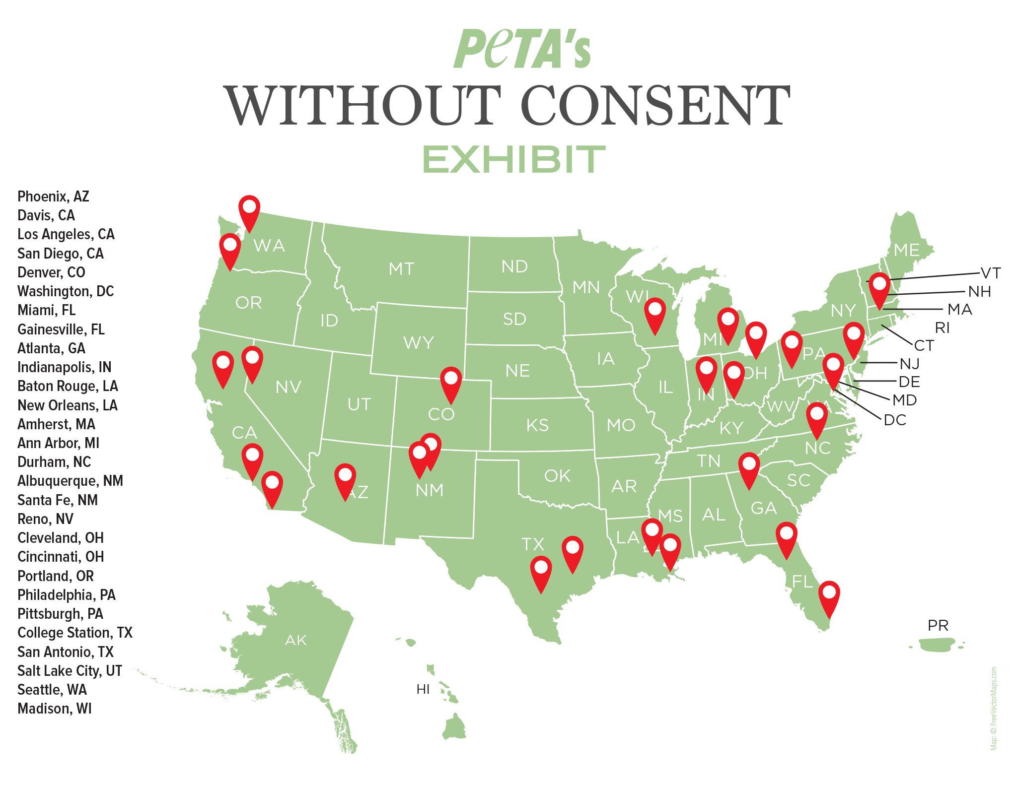 PETA's Without Consent Exhibit map