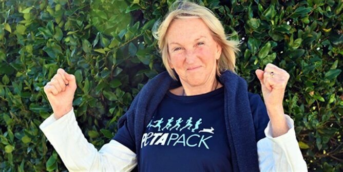 Ingrid Newkirk wearing PETA Pack shirt