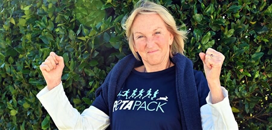 Ingrid Newkirk wearing PETA Pack shirt