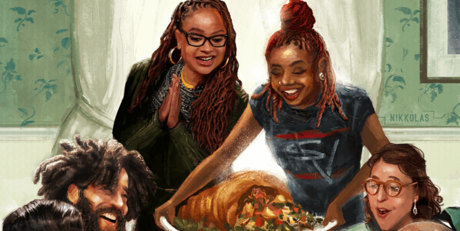 Reimagining of Norman Rockwell's painting with Ava DuVernay, Cory Booker, Tabitha Brown, Mayim Bialik, Jermaine Dupri, Mena Massoud, Grey, and Pinky Cole Serving a vegan Thanksgiving Meal