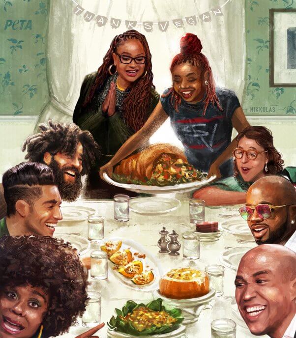 Reimagining of Norman Rockwell's painting with Ava DuVernay, Cory Booker, Tabitha Brown, Mayim Bialik, Jermaine Dupri, Mena Massoud, Grey, and Pinky Cole Serving a vegan Thanksgiving Meal