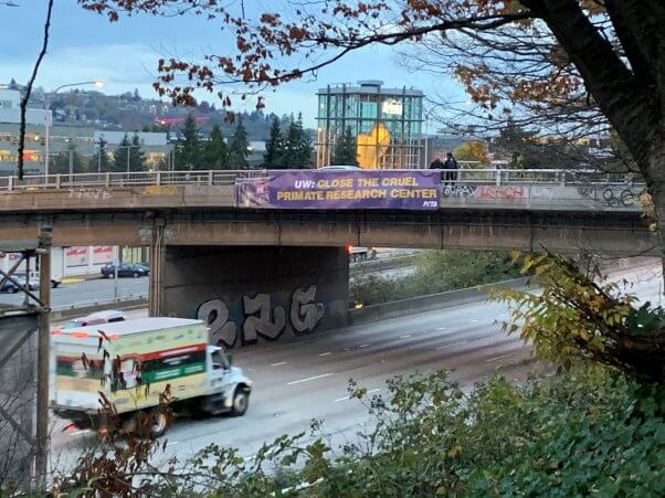 Banner calling for the closure of the cruel primate research center at University of Washington