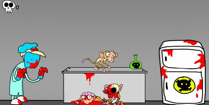 Monkey Fright video game: an experimenter chasing monkeys