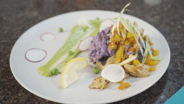 Pinky Cole’s Drunken Mushrooms with Purple Potato Mash and Green Pea Purée