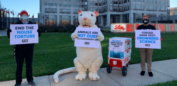 Giant ‘Rat’ Leads Eli Lilly Protest Against Forced Swim Test