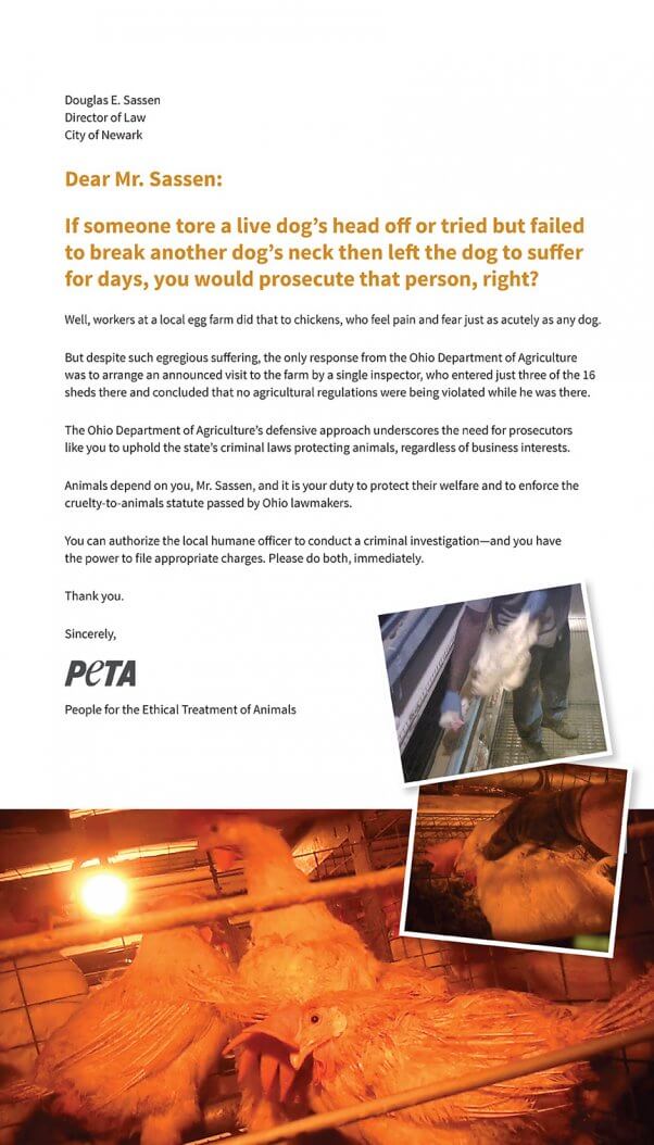 PETA full-page ad newark ohio trillium farms egg investigation