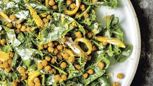 Bryant Terry’s Spinach Salad with Blackened Chickpeas