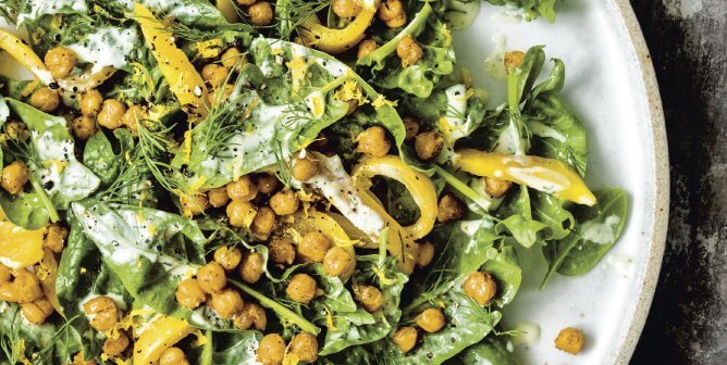 Bryant Terry’s Spinach Salad with Blackened Chickpeas