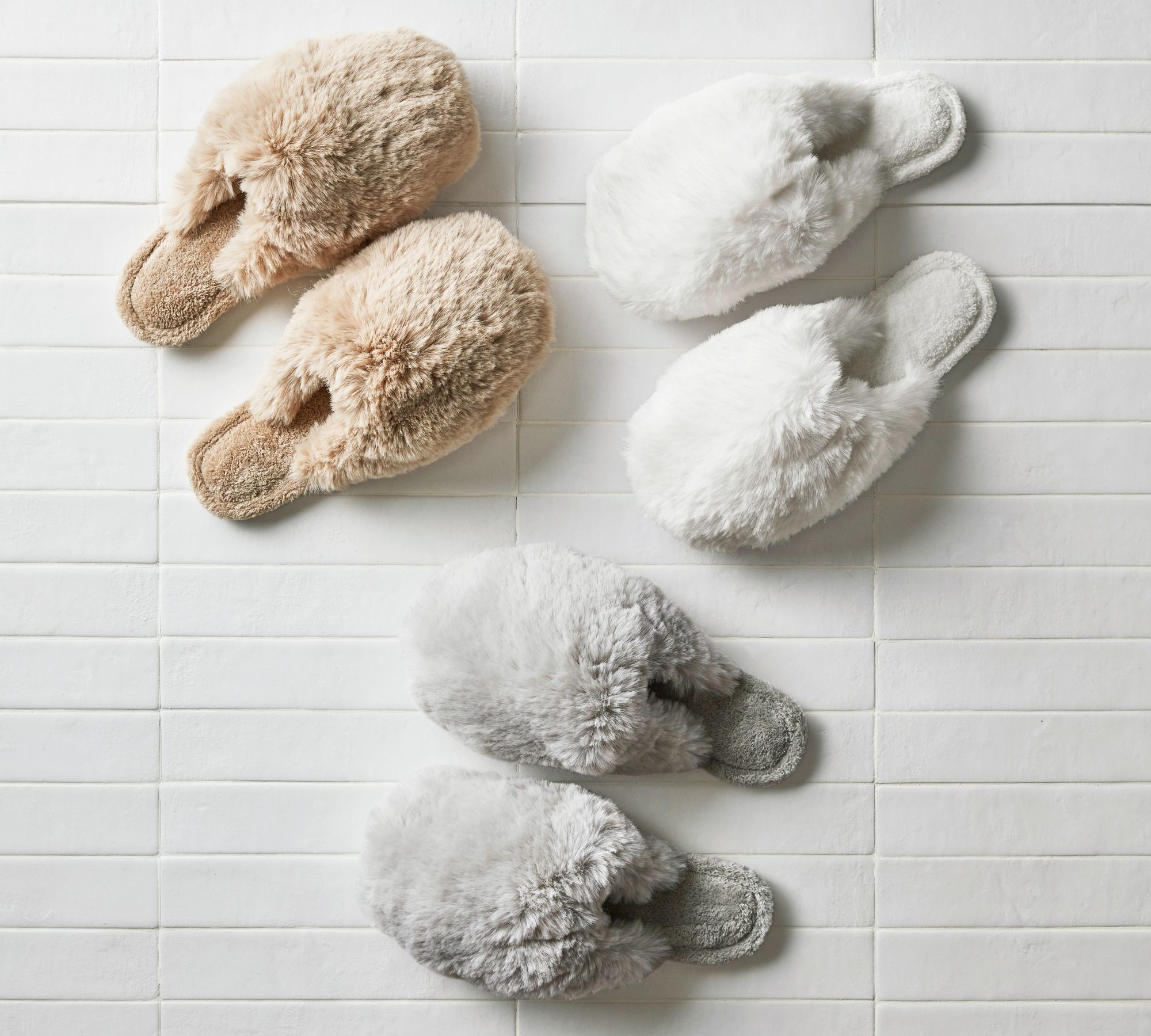 pottery barn faux fur slippers