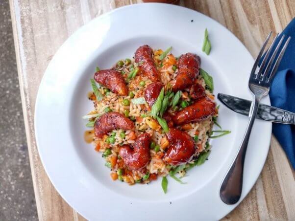 Vegan shrimp with veggie rice at Cider Press Cafe