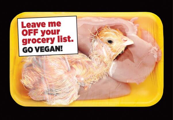 chicken in packaging with text: "Leave me off your grocery list. GO VEGAN"