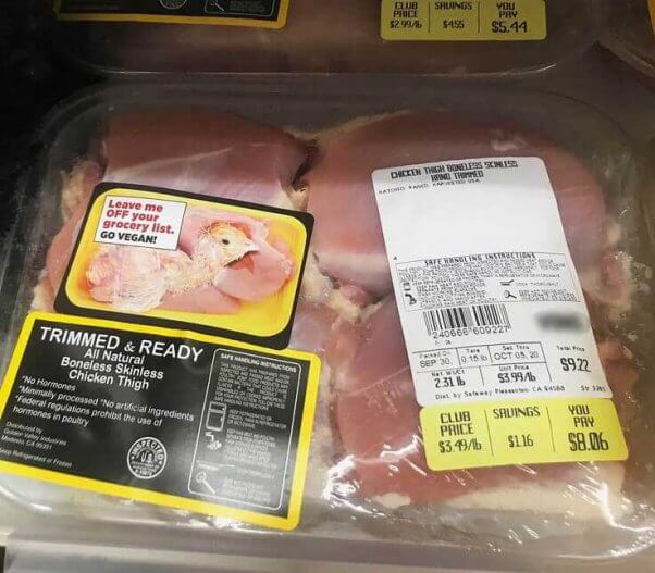 chicken in packaging with sticker: "Leave me off your grocery list. GO VEGAN"